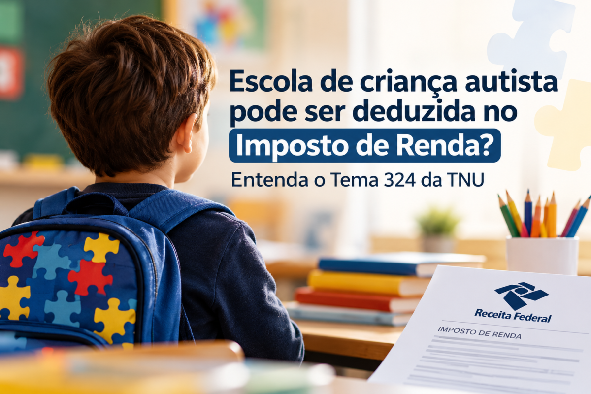Criança com mochila em ambiente escolar. Ilustração sobre dedução integral da educação de criança autista no imposto de renda.